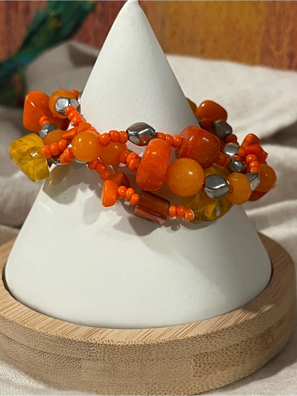 Handcrafted Orange Beaded Multi-Strand Stretch Bracelet
